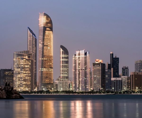 June 23, 2018: Abu Dhabi Seascape with skyscrapers in the background at evening, UAE