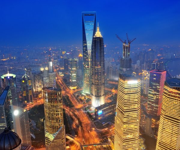 Shanghai aerial view with urban architecture at dusk