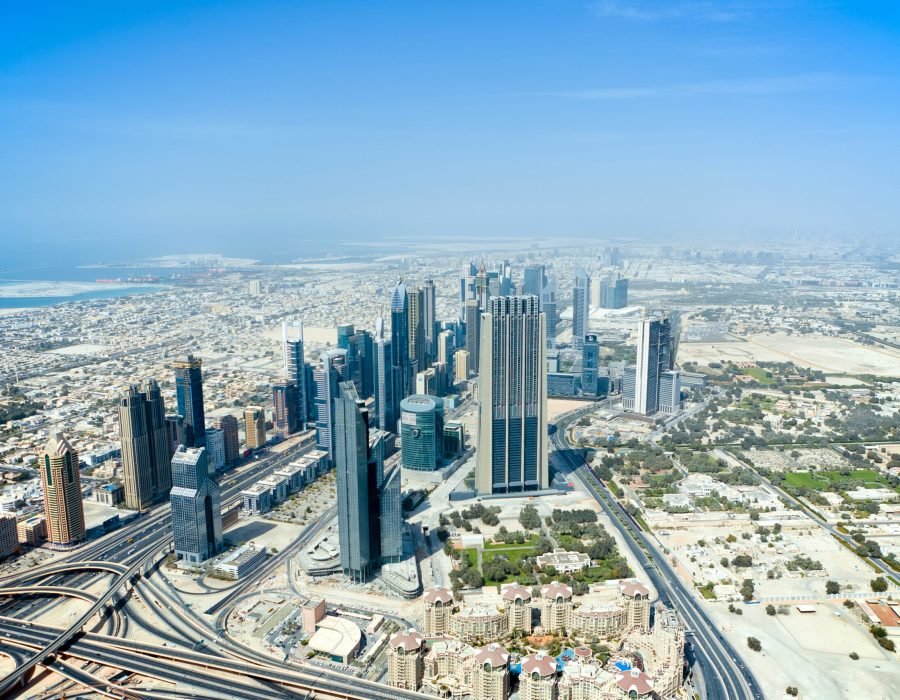 The top view on Dubai from the highest tower in the world, Burj Khalifa (828 metres). United Arab Emirates.